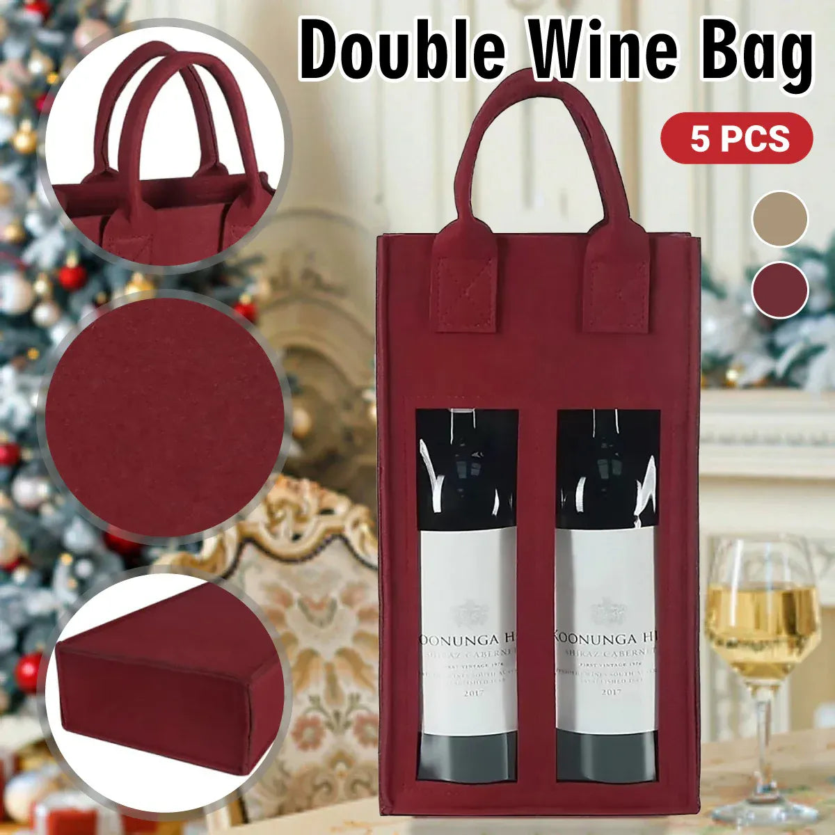 5PCS Handheld Wine Gift Bags Double-Bottle Design with Clear Window