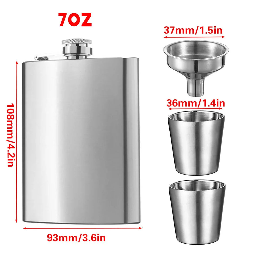Stainless Steel Hip Flask Gift Set with Funnel and Cups Portable 7oz