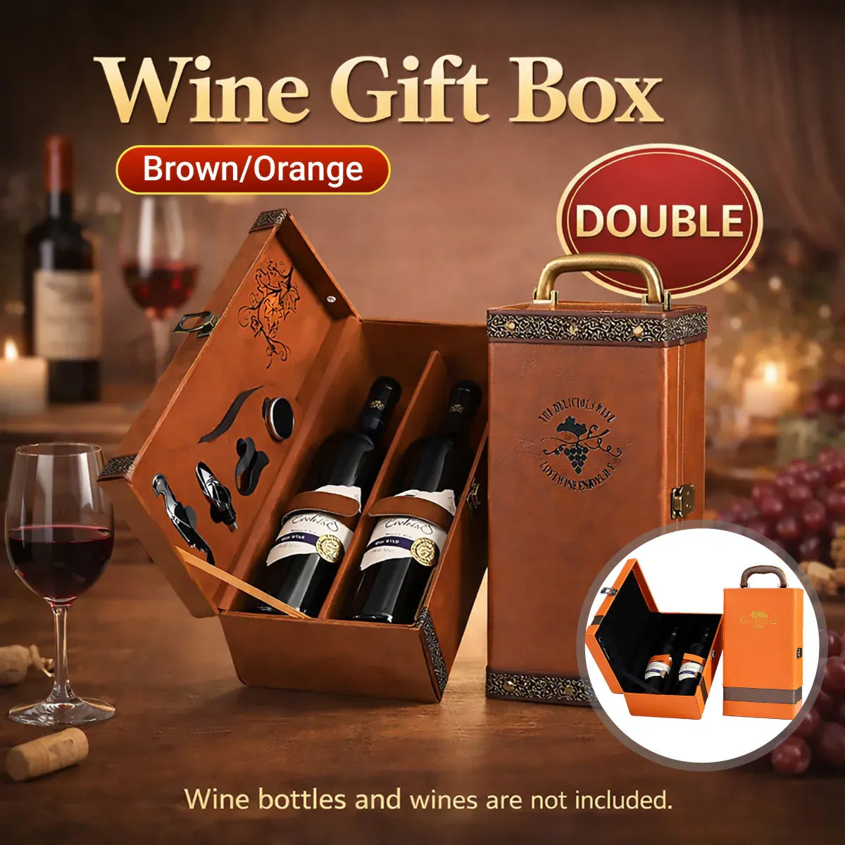 Portable Wine Gift Box Double Bottle with 4 Wine Accessories