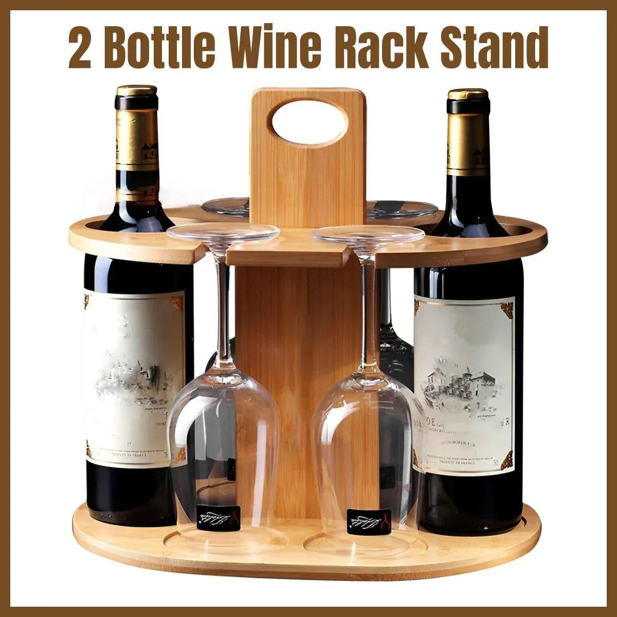 Bamboo Wine Caddy for 2 Bottles and 4 Glasses