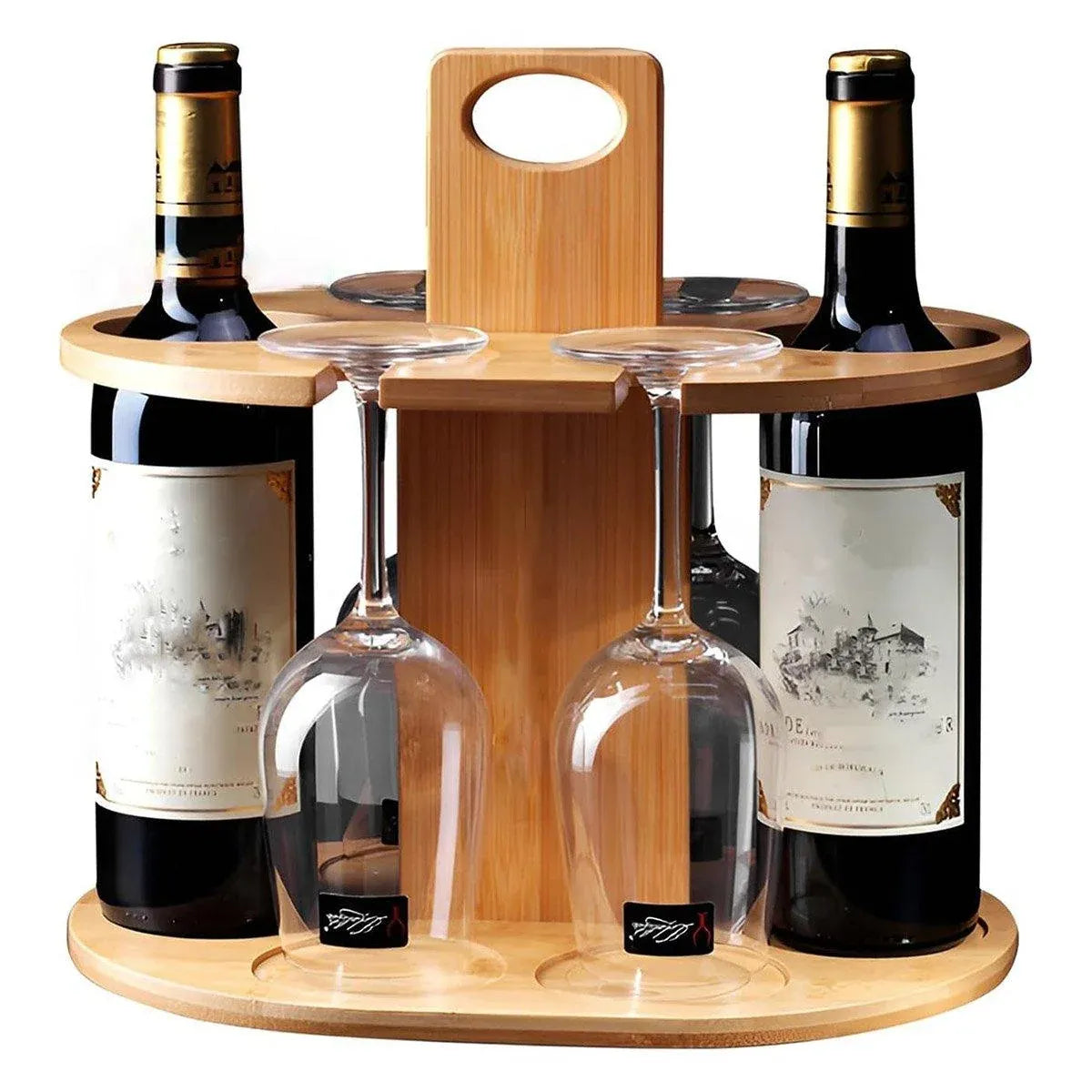 Bamboo Wine Caddy for 2 Bottles and 4 Glasses