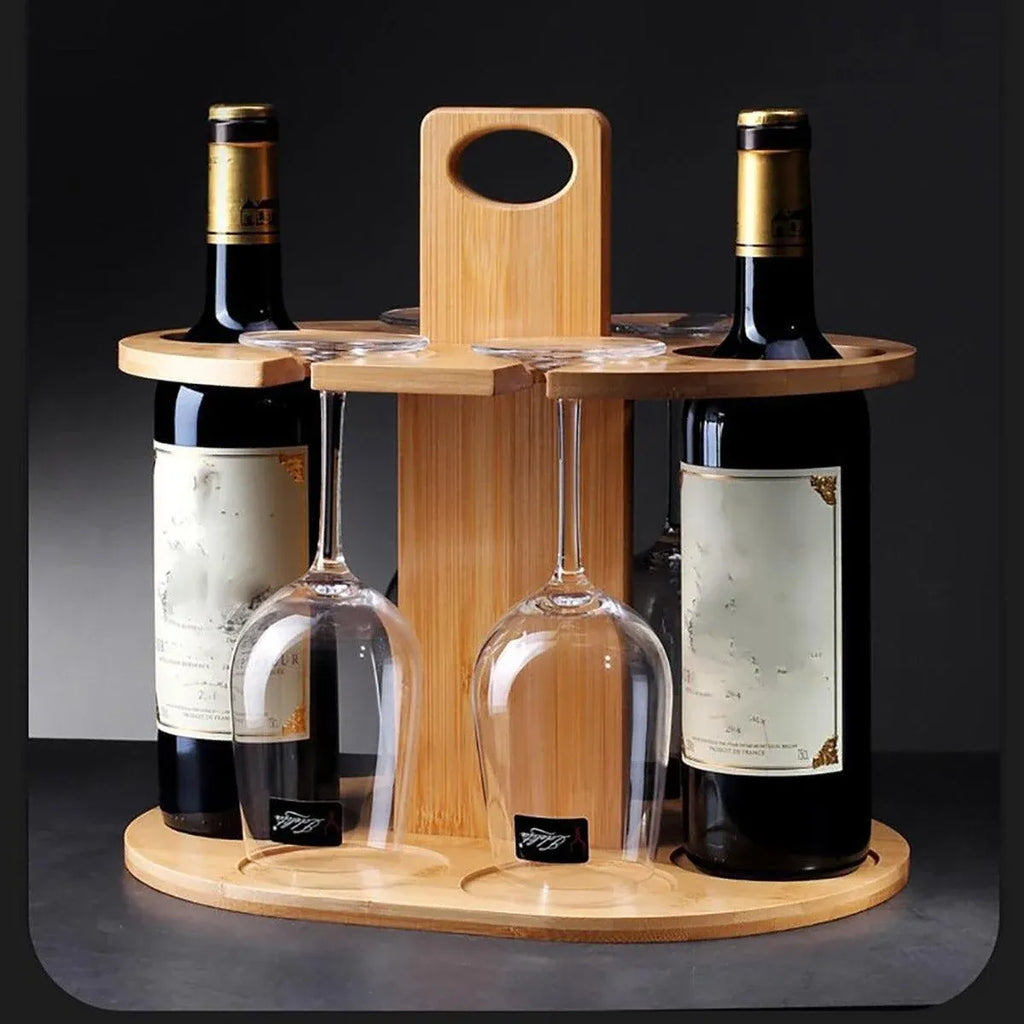 Bamboo Wine Caddy for 2 Bottles and 4 Glasses