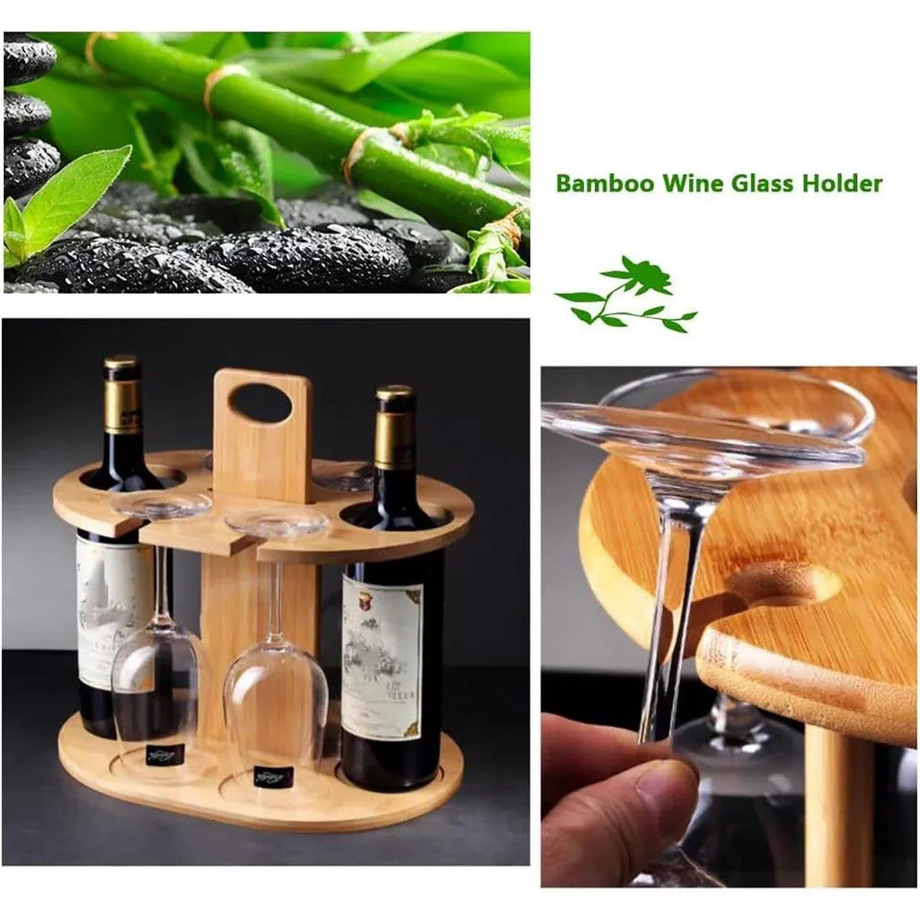 Bamboo Wine Caddy for 2 Bottles and 4 Glasses