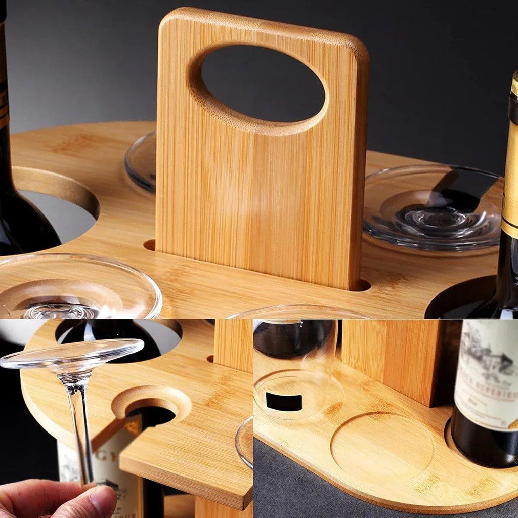 Bamboo Wine Caddy for 2 Bottles and 4 Glasses