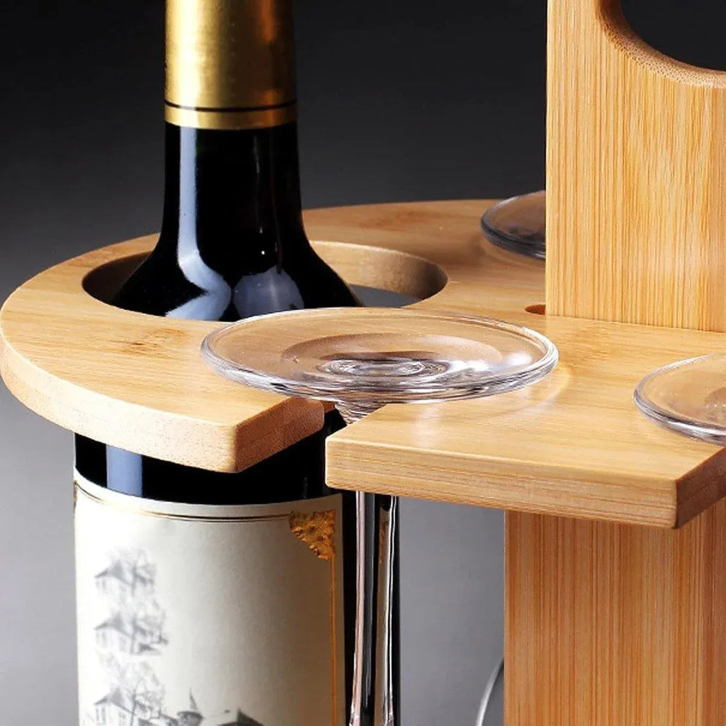 Bamboo Wine Caddy for 2 Bottles and 4 Glasses