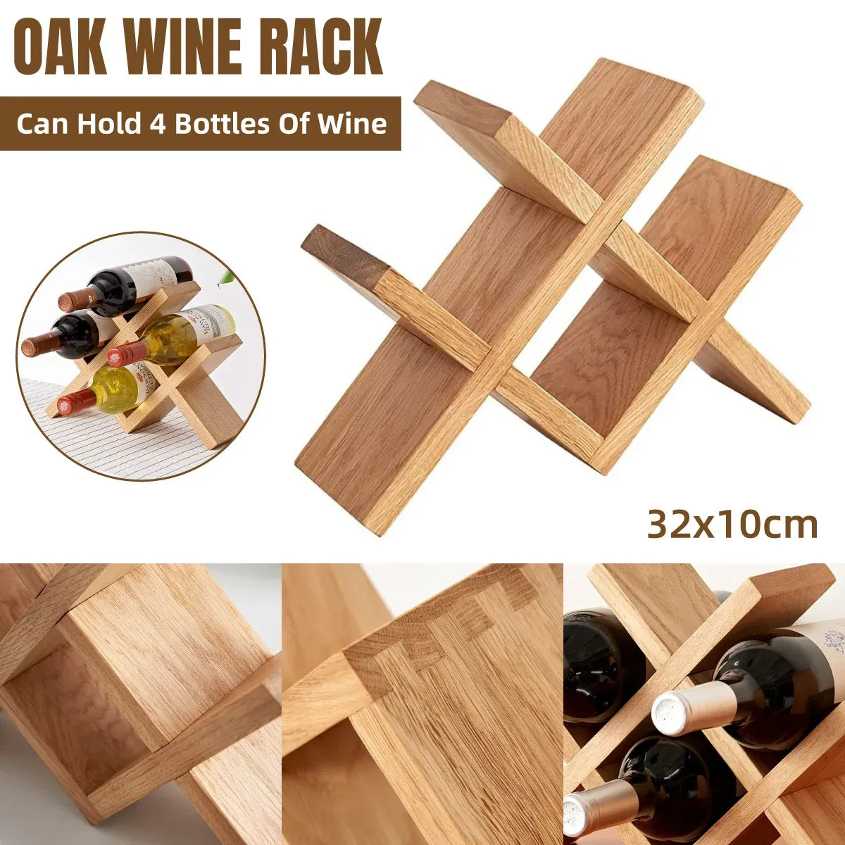 Solid Oak Wine Rack, 4 Bottles