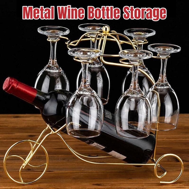 Iron Wine Bottle and Glass Holder Rack, Holds 1 Bottle and 6 Glasses