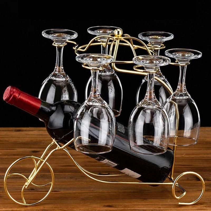 Iron Wine Bottle and Glass Holder Rack, Holds 1 Bottle and 6 Glasses