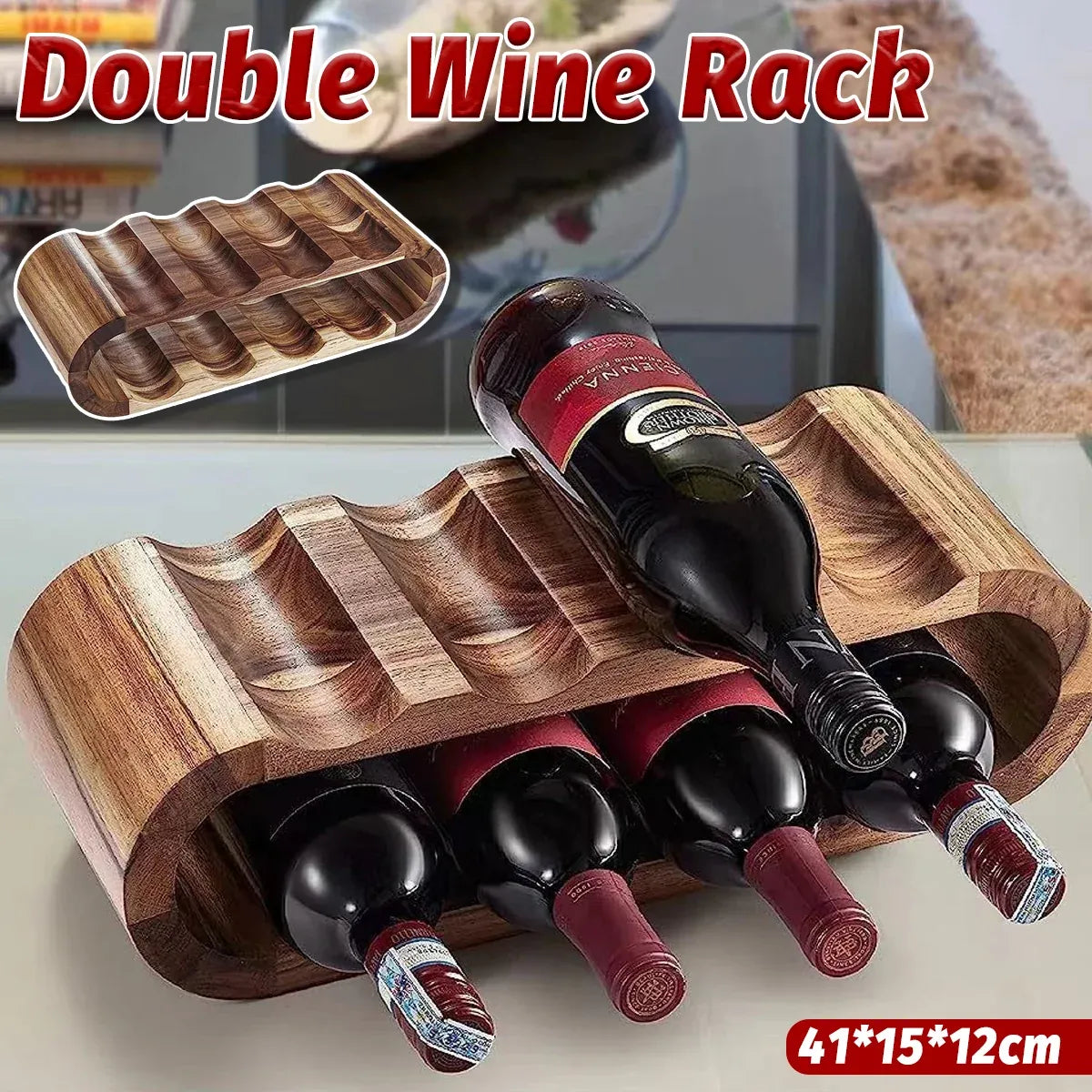 Double Layer Wooden Wine Rack, 8 Bottles