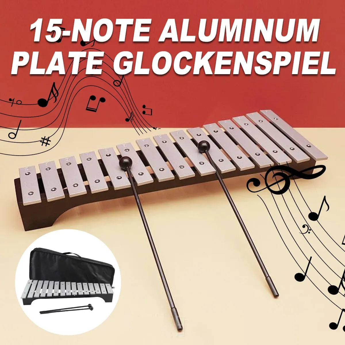 4-Piece 15-Note Glockenspiel Set with Mallets and Carry Bag