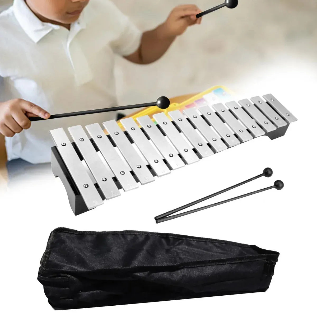 4-Piece 15-Note Glockenspiel Set with Mallets and Carry Bag