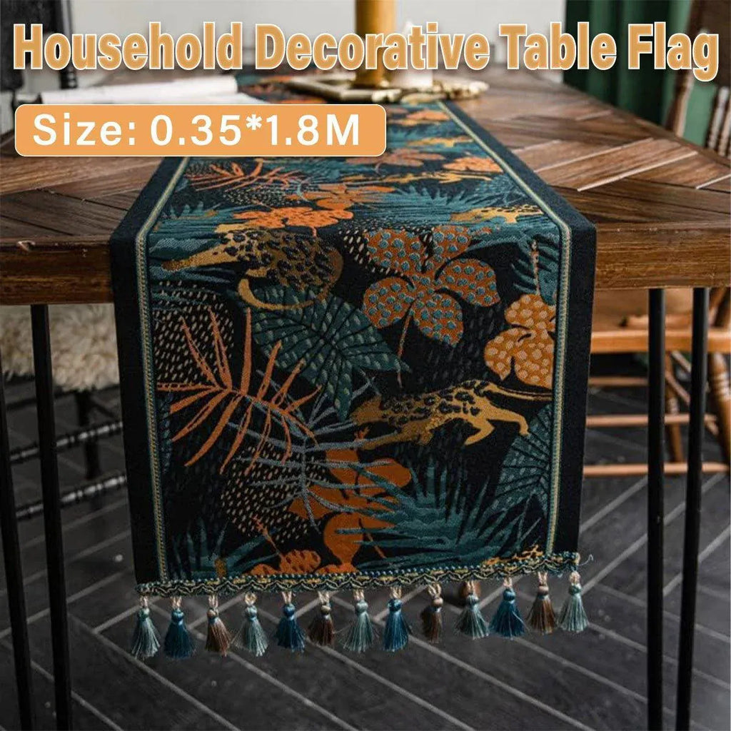 Banana Leaf Floral Table Runner with Tassels, 35 x 180 cm