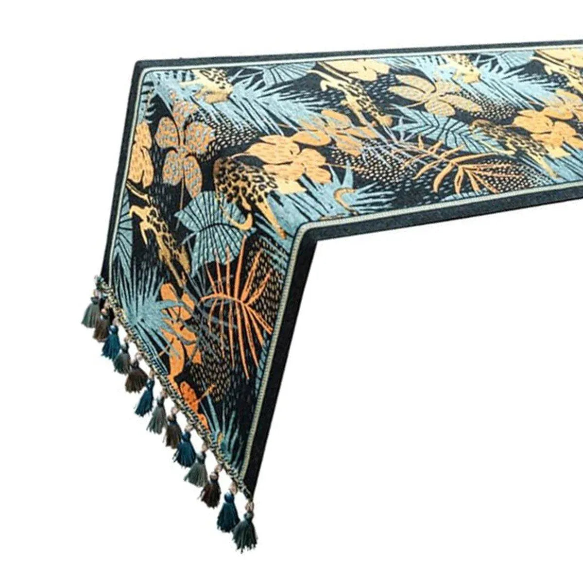 Banana Leaf Floral Table Runner with Tassels, 35 x 180 cm