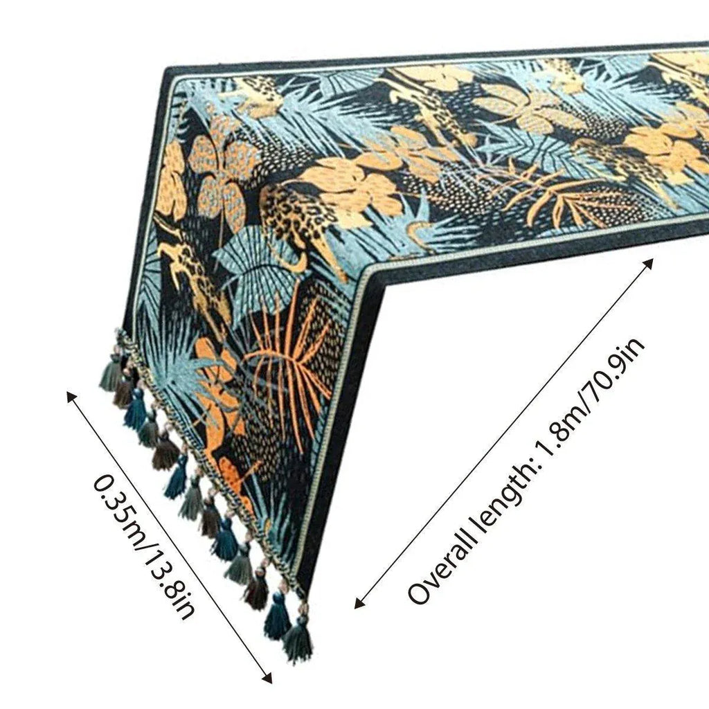 Banana Leaf Floral Table Runner with Tassels, 35 x 180 cm