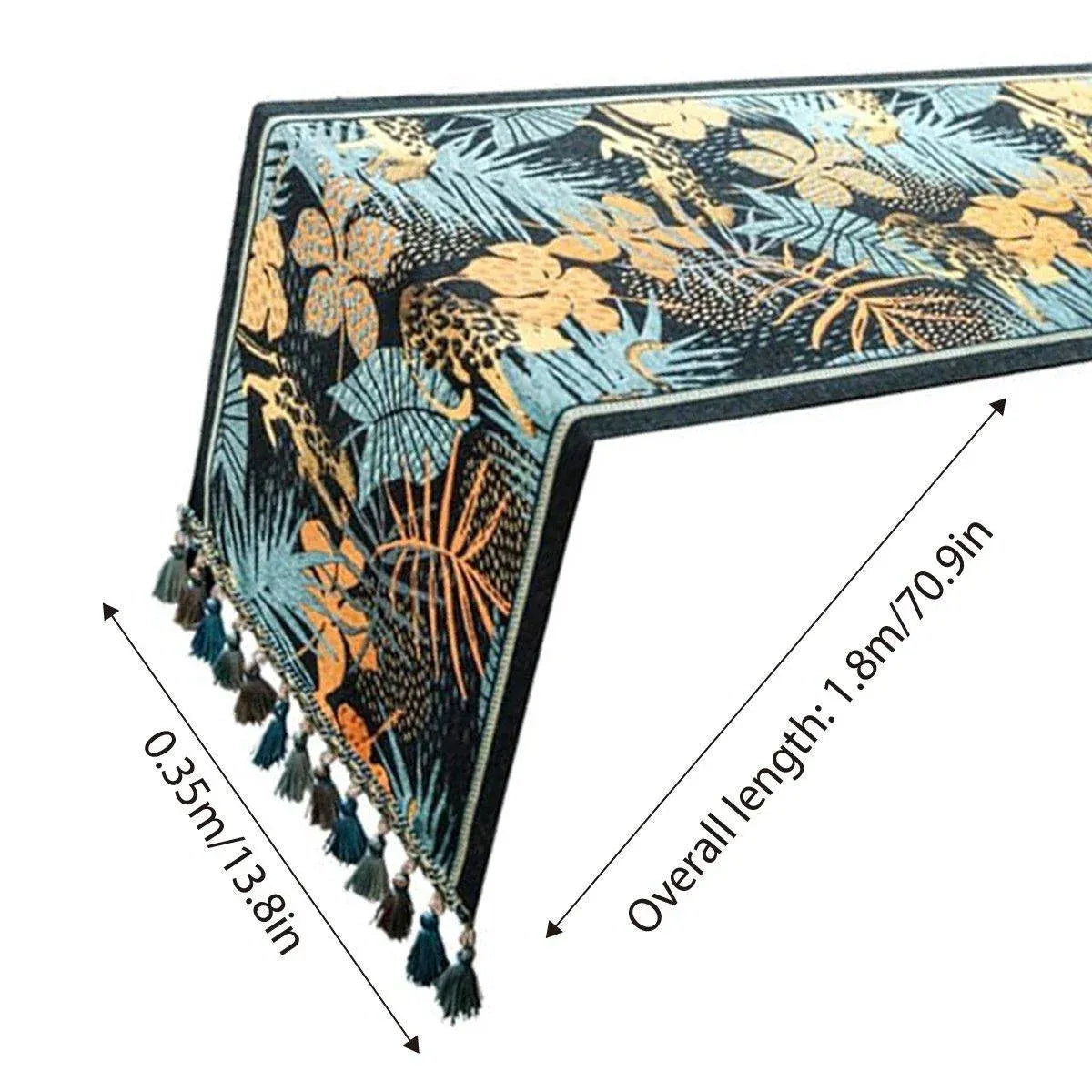 Banana Leaf Floral Table Runner with Tassels, 35 x 180 cm