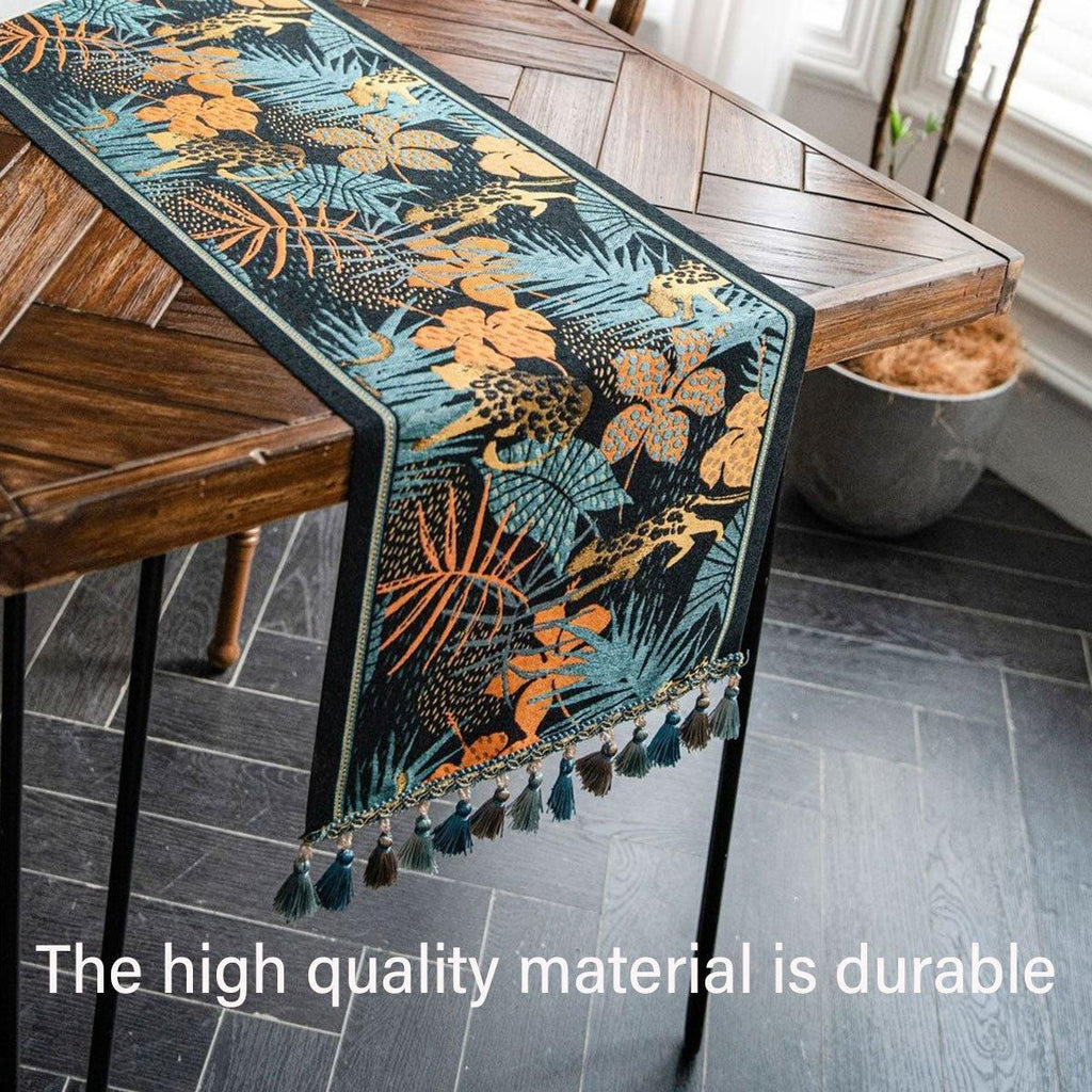 Banana Leaf Floral Table Runner with Tassels, 35 x 180 cm