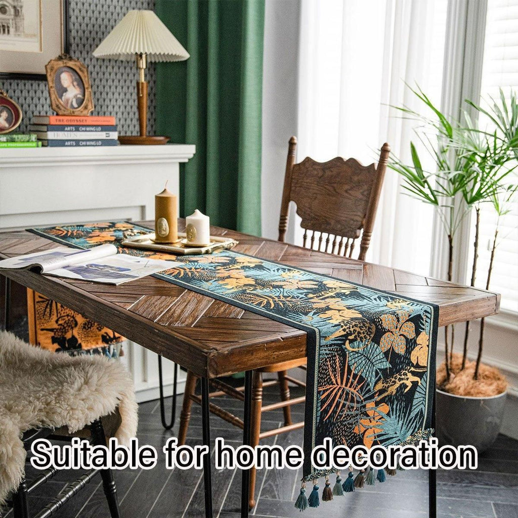 Banana Leaf Floral Table Runner with Tassels, 35 x 180 cm