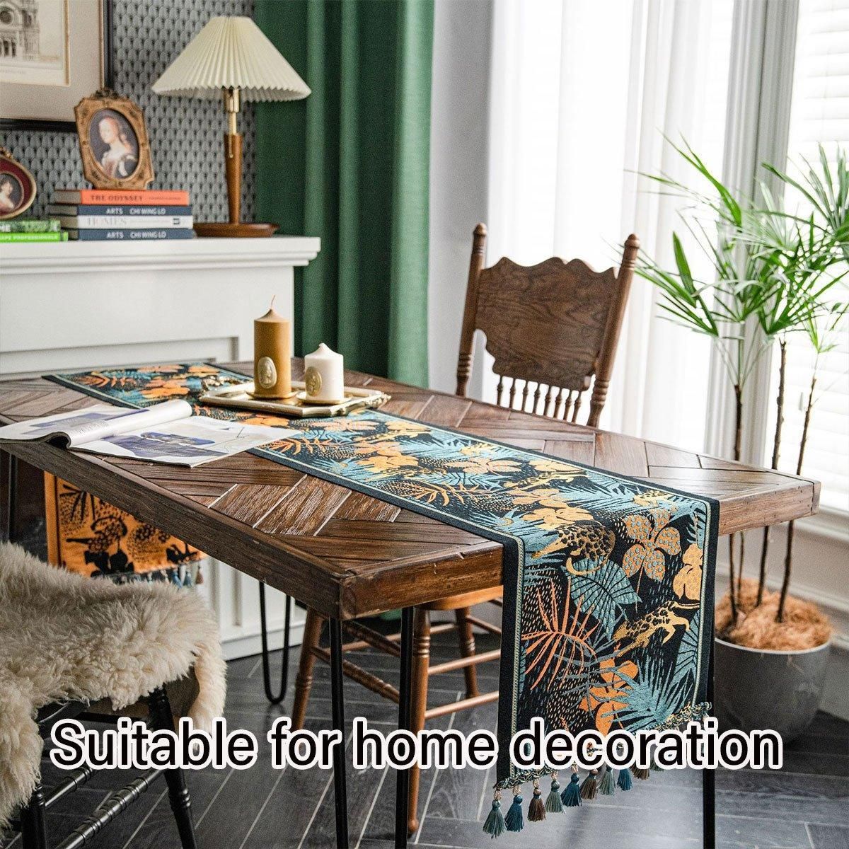 Banana Leaf Floral Table Runner with Tassels, 35 x 180 cm