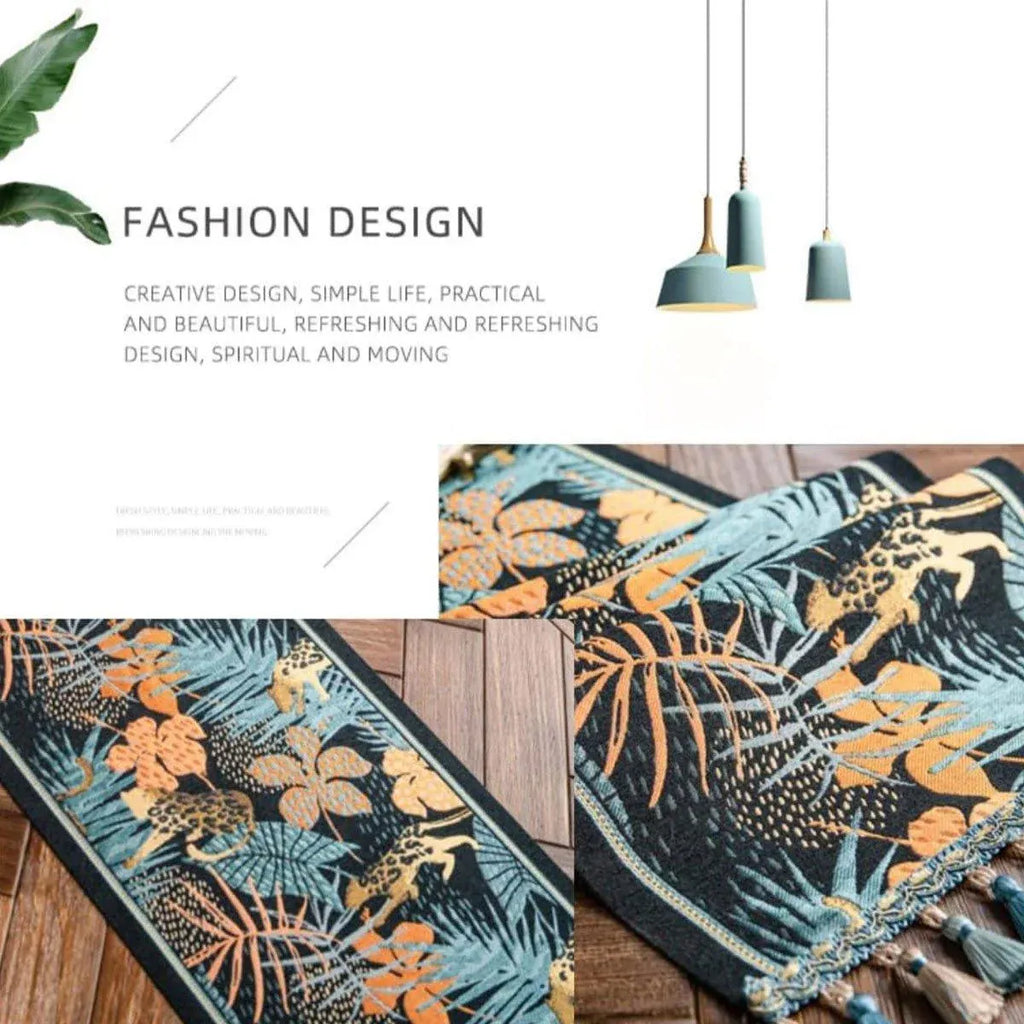 Banana Leaf Floral Table Runner with Tassels, 35 x 180 cm