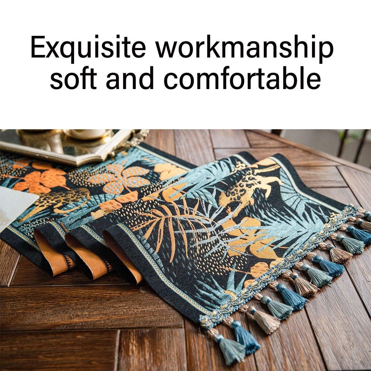 Banana Leaf Floral Table Runner with Tassels, 35 x 180 cm