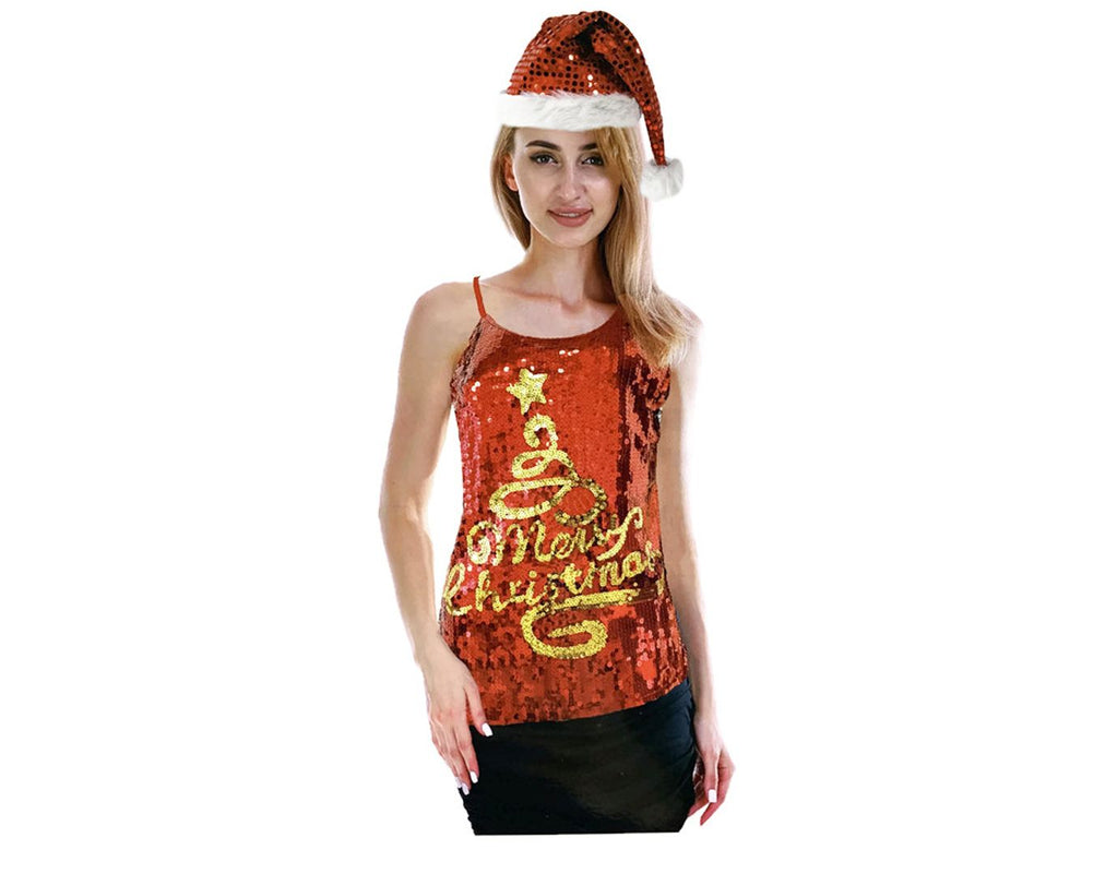Womens Merry Christmas Tree Sequin Singlet Camisole Cami Costume Xmas