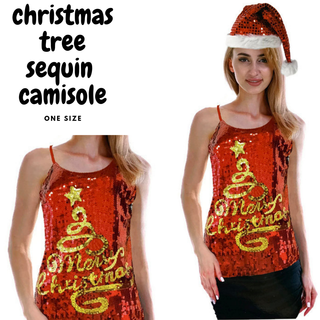 Womens Merry Christmas Tree Sequin Singlet Camisole Cami Costume Xmas