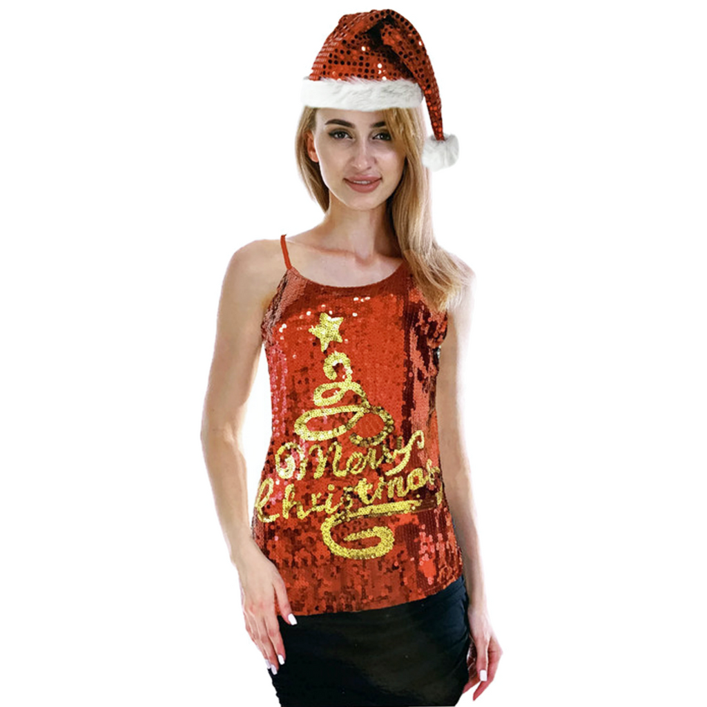 Womens Merry Christmas Tree Sequin Singlet Camisole Cami Costume Xmas