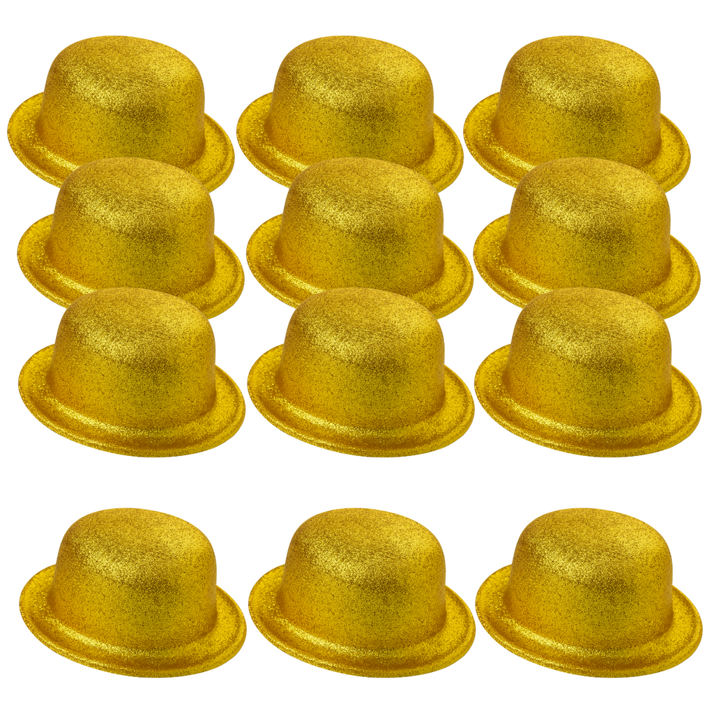 BR Costumes 12 Pack Yellow Gold Glitter Bowler Hats, on a white background