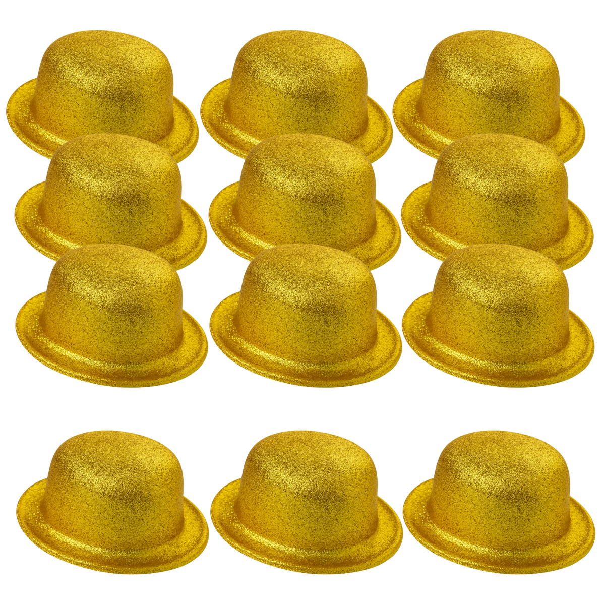 BR Costumes 12 Pack Yellow Gold Glitter Bowler Hats, on a white background