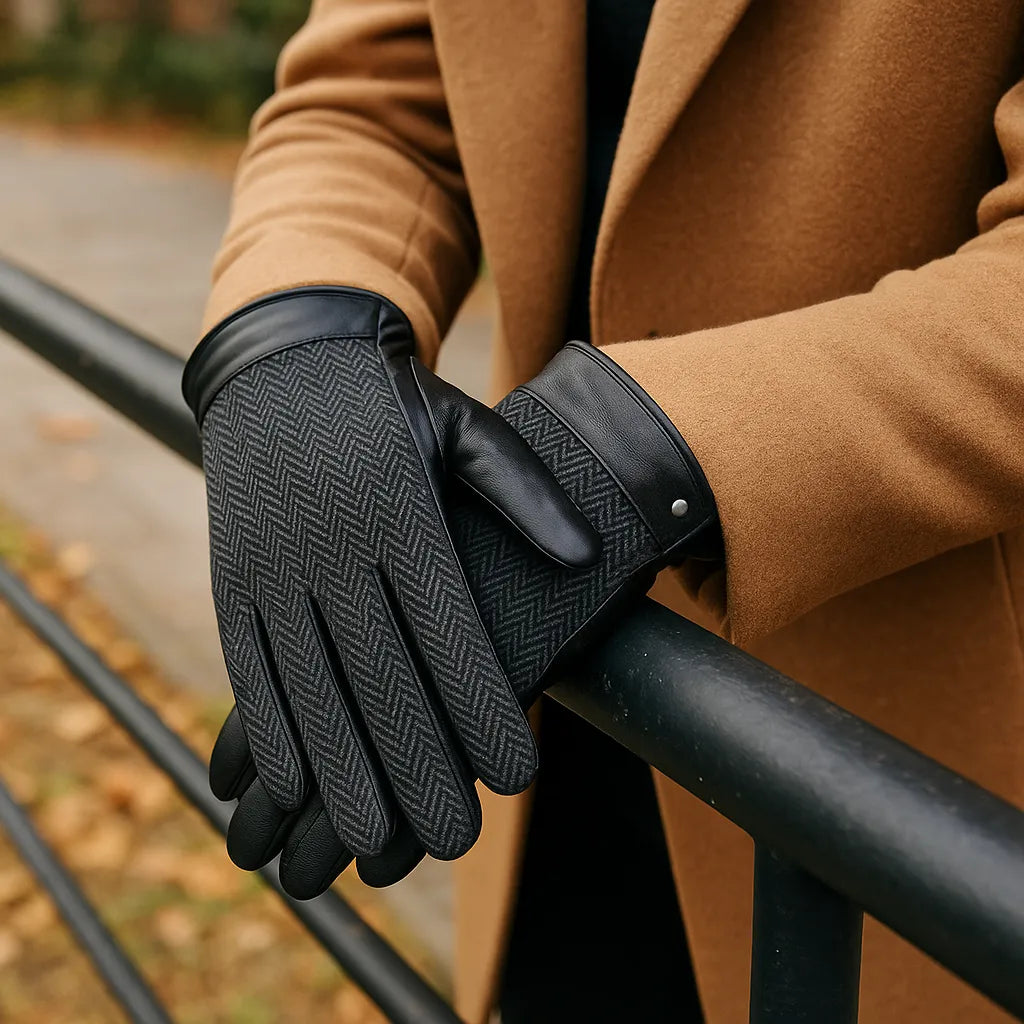Dents Leather Wool Gloves Fleece Lined Warm Mens Winter Herringbone