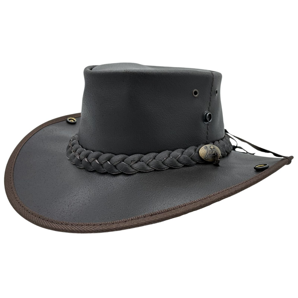 Jacaru Boundary Rider Bovine Cow Leather Hat Chinstrap Side Snaps, Black
