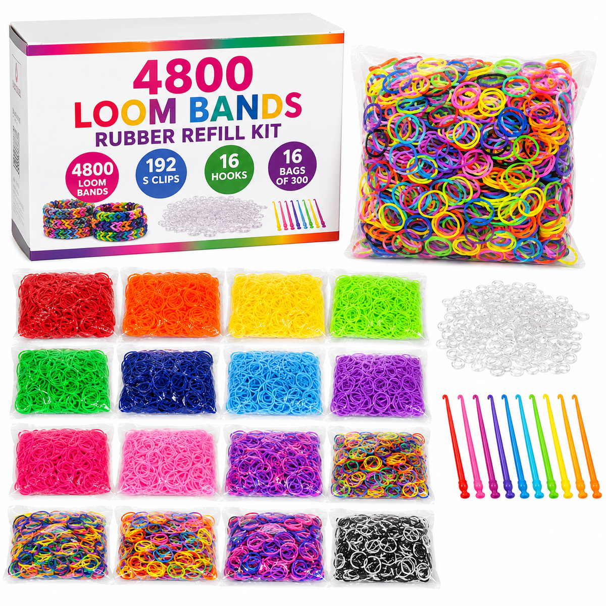 4800 LOOM BANDS Rubber Refill Kit DIY Magical Bracelet 192 S Clips 16