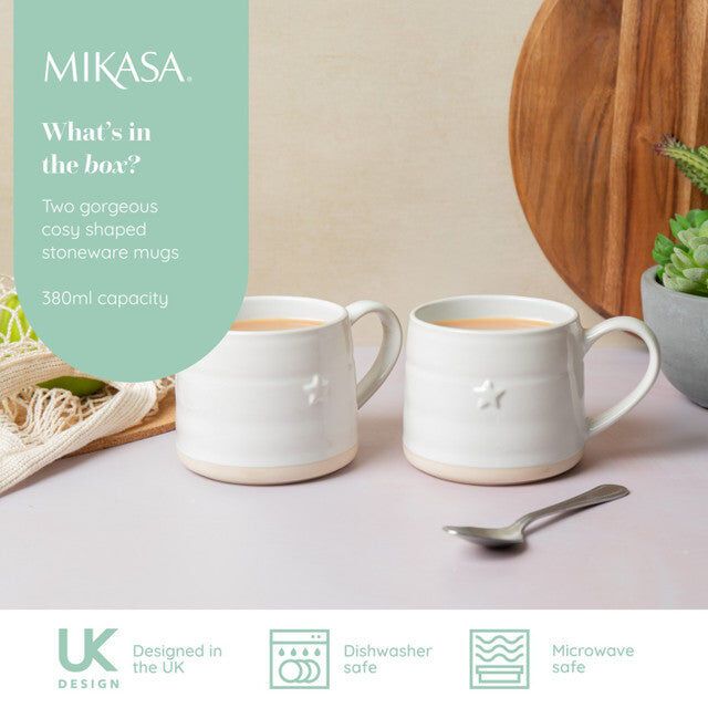 Mikasa Farmhouse Star Stoneware Mugs, Cream, Set of 2, 380 ml