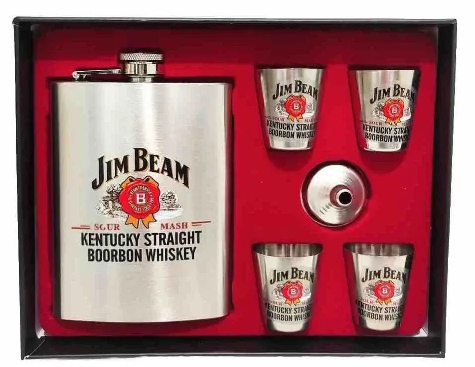 Jim Beam Stainless Steel Flask Set with 4 Shot Glasses, 270 ml