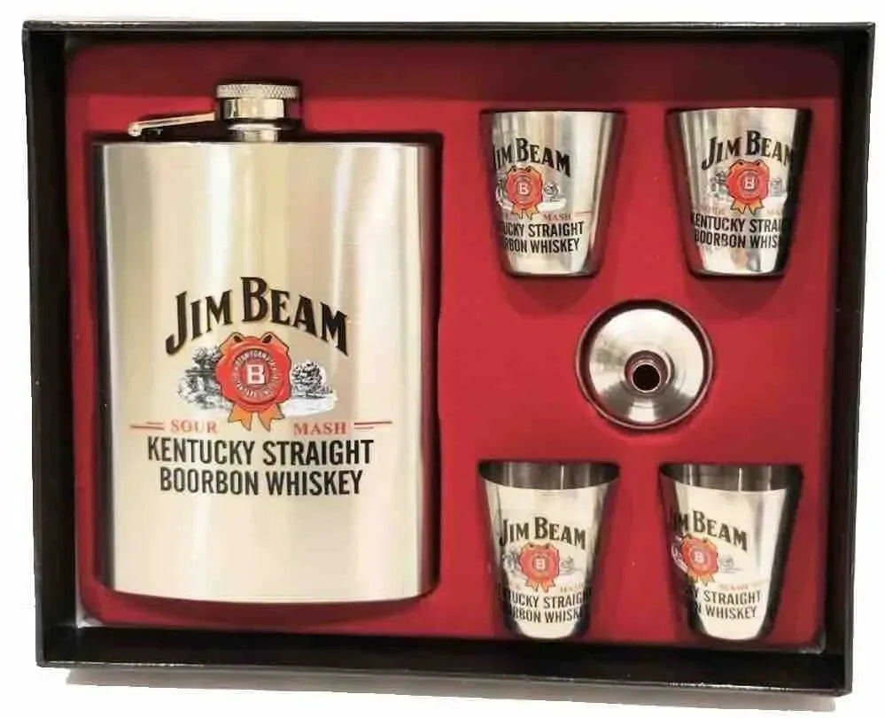 Jim Beam Stainless Steel Flask Set with 4 Shot Glasses, 270 ml