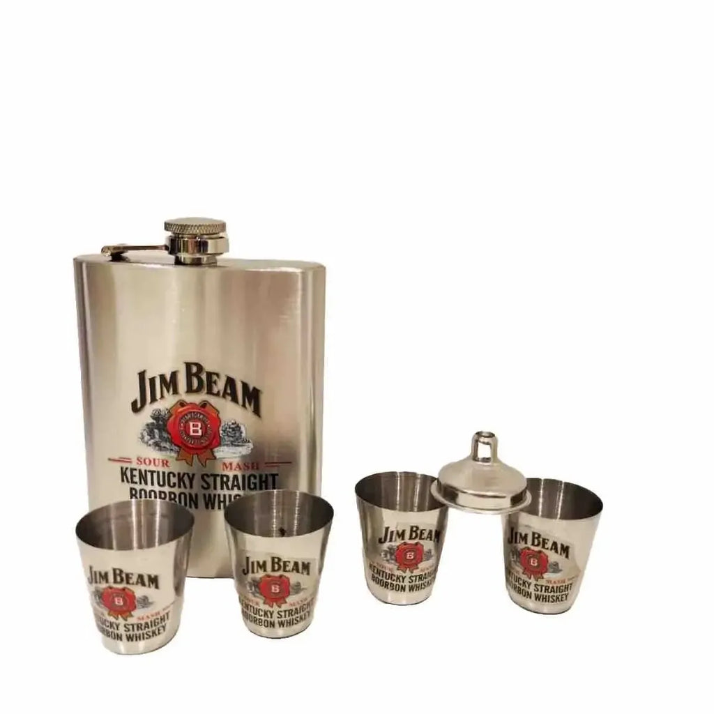 Jim Beam Stainless Steel Flask Set with 4 Shot Glasses, 270 ml