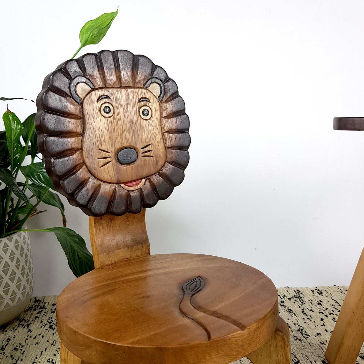 Mango Trees Hand-Carved Wooden Kids Chair, Lion