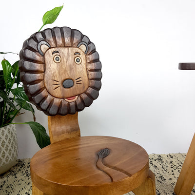 Mango Trees Hand-Carved Wooden Kids Chair, Lion