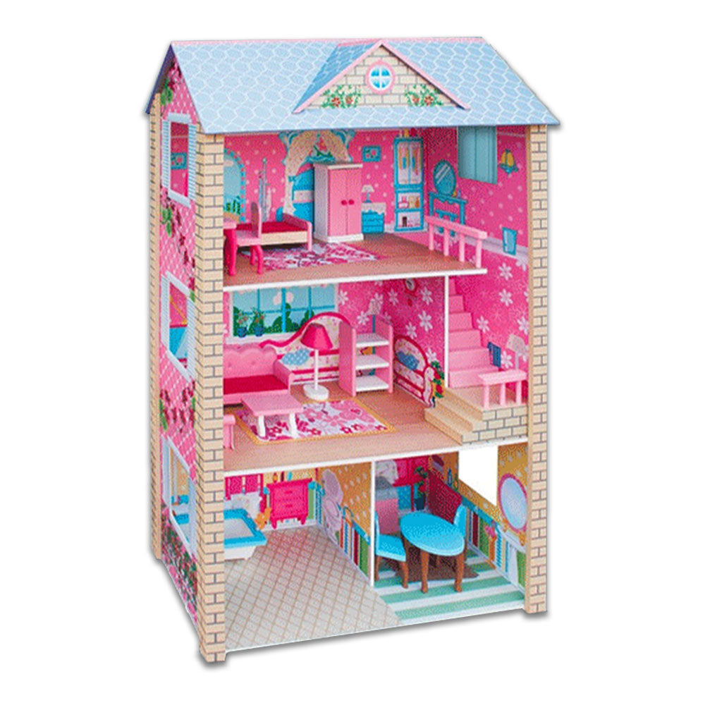 Large Wooden Dolls Doll House 3 Level Kids Pretend Play Toys Full