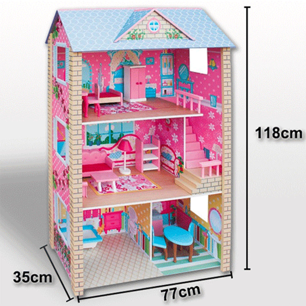 Large Wooden Dolls Doll House 3 Level Kids Pretend Play Toys Full