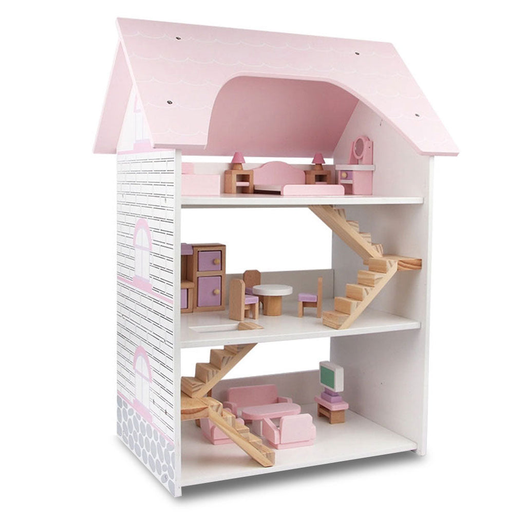 Wooden DIY Dolls Doll House 3 Level Kids Pretend Play Toys Full