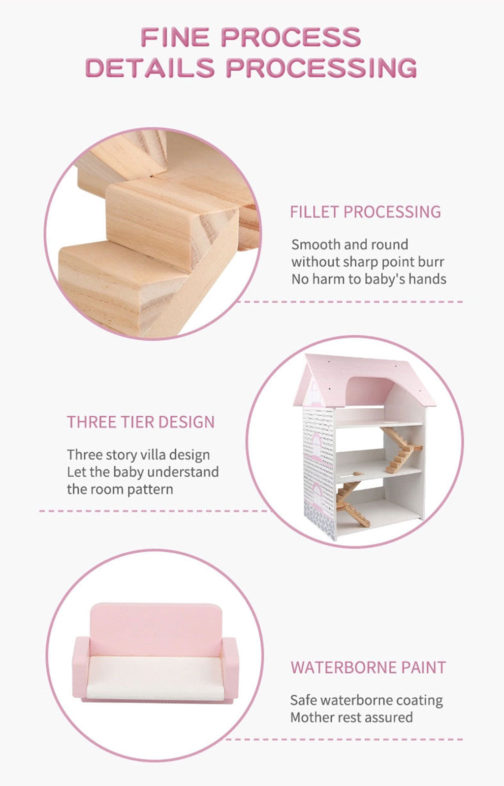 Wooden DIY Dolls Doll House 3 Level Kids Pretend Play Toys Full