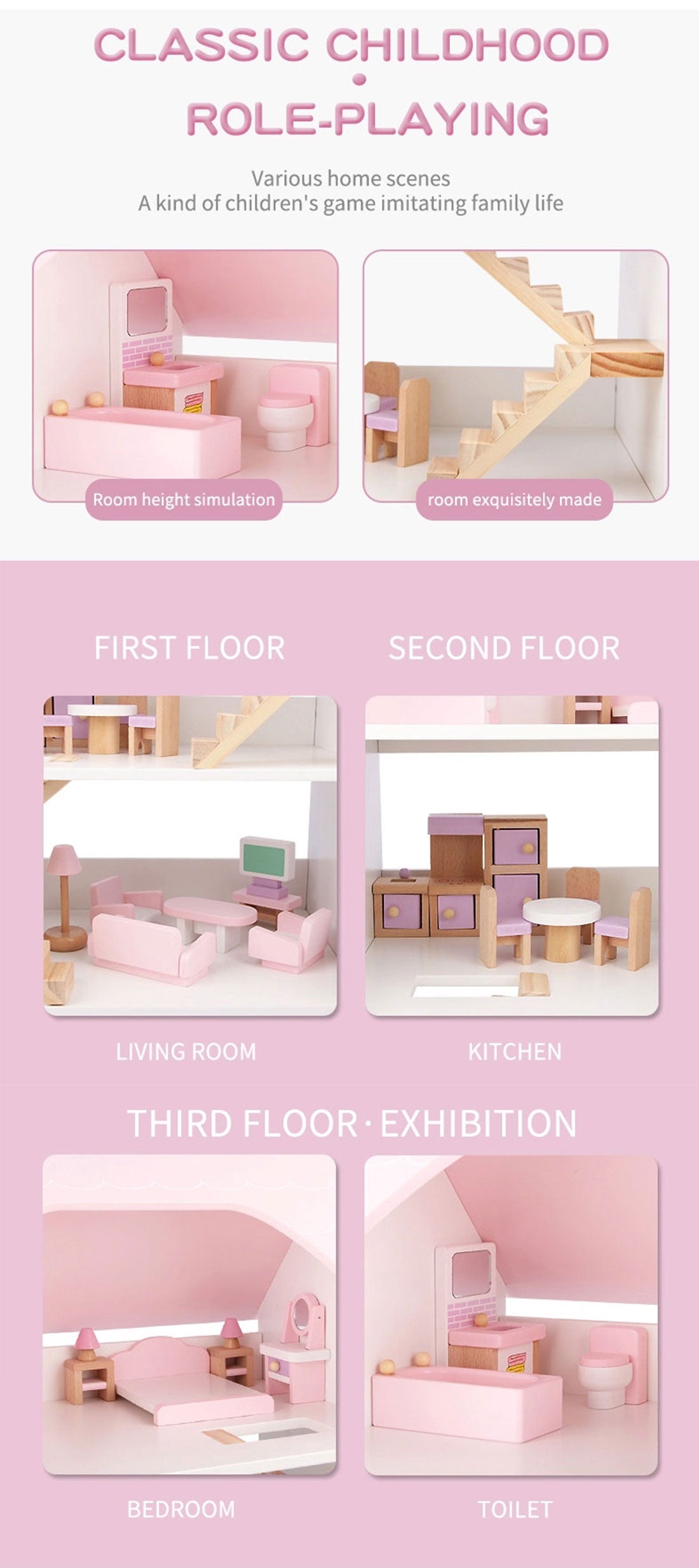 Wooden DIY Dolls Doll House 3 Level Kids Pretend Play Toys Full