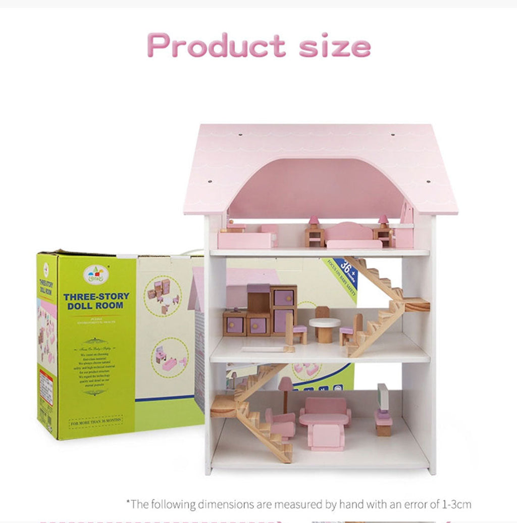 Wooden DIY Dolls Doll House 3 Level Kids Pretend Play Toys Full