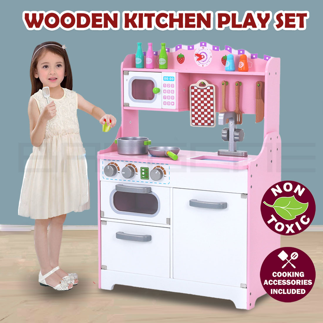 Kids Wooden Kitchen Pretend Play Set Toy Toddlers Children Cooking
