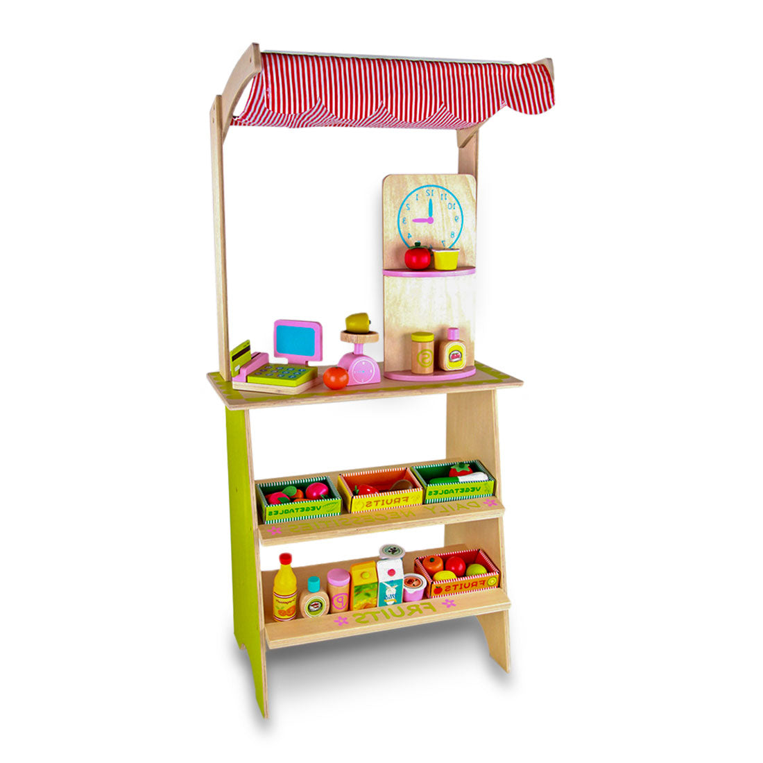 Kids Wooden Toy Pretend Play Marketplace Stand Fruit Veg Shop Stall