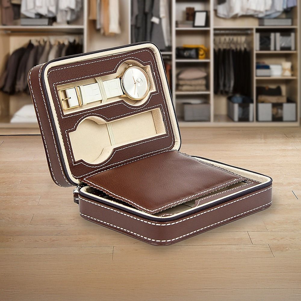 Randy & Travis Machinery 4 Watch Travel Case, Brown PU Leather