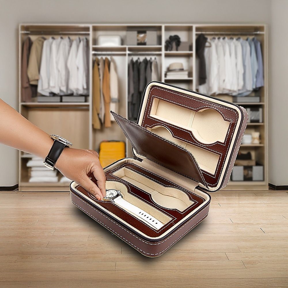 Randy & Travis Machinery 4 Watch Travel Case, Brown PU Leather