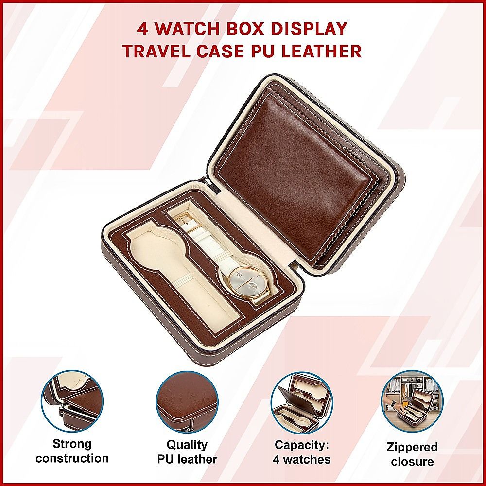 Randy & Travis Machinery 4 Watch Travel Case, Brown PU Leather