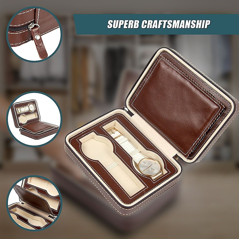 Randy & Travis Machinery 4 Watch Travel Case, Brown PU Leather